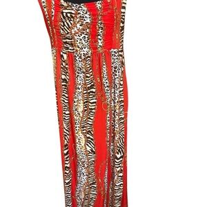 Women’s Maxi Dress Cut Out Gold Chain Lock Animal Print Red Mob Wife Large